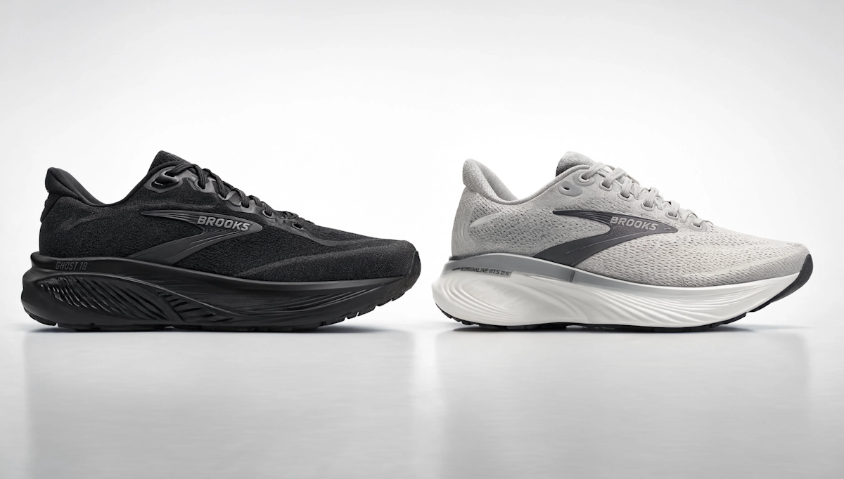 Brooks Ghost 18 neutral shoe beside Brooks Adrenaline GTS 25 stability shoe